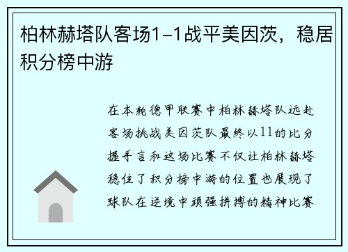 柏林赫塔队客场1-1战平美因茨，稳居积分榜中游